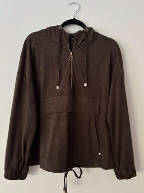 Zara Women's L Dark Brown Faux Suede Half Zip Hooded Anorak Pullover Jacket